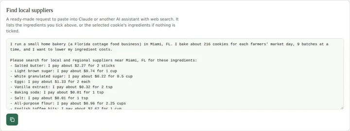 A ready-made supplier search prompt listing ingredients and prices