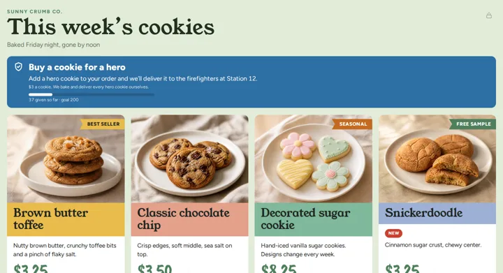 Menu board with a blue banner: Buy a cookie for a hero, 37 given so far toward a goal of 200