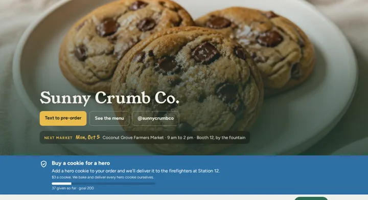 A bakery home page with a full-width cookie photo behind the name, tinted in the brand color