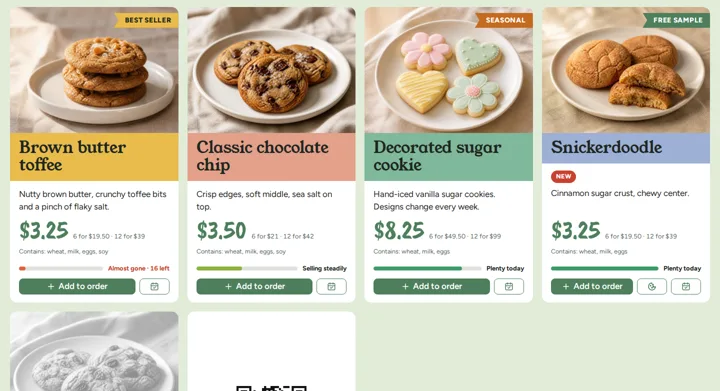 Menu board cards with live stock bars: one card says Almost gone, 16 left