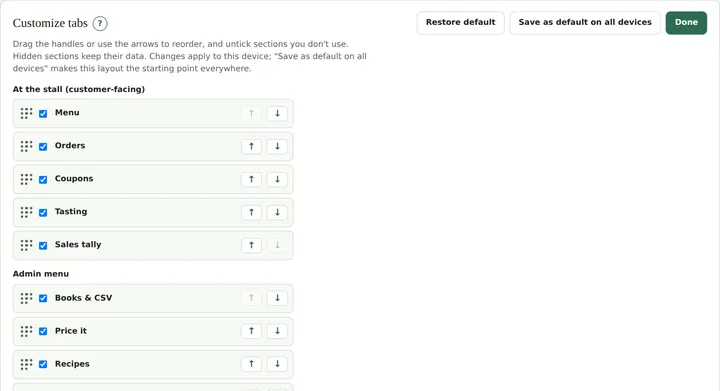 Customize tabs panel with drag handles and show or hide checkboxes