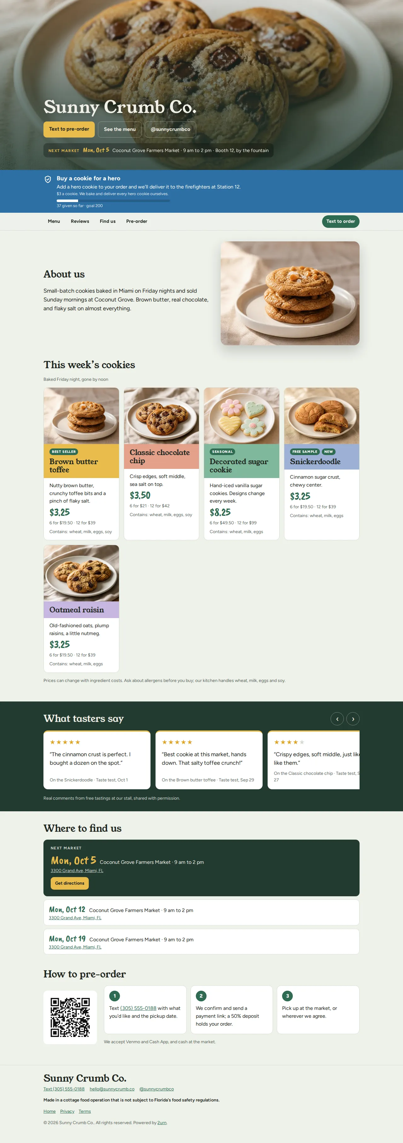 Sample baker website: a full-width cookie photo behind the bakery name, the next market and booth, a hero-cookie banner, an About section with a photo, this week’s cookies with photos and prices, a What tasters say slider, market dates with directions and three steps to pre-order
