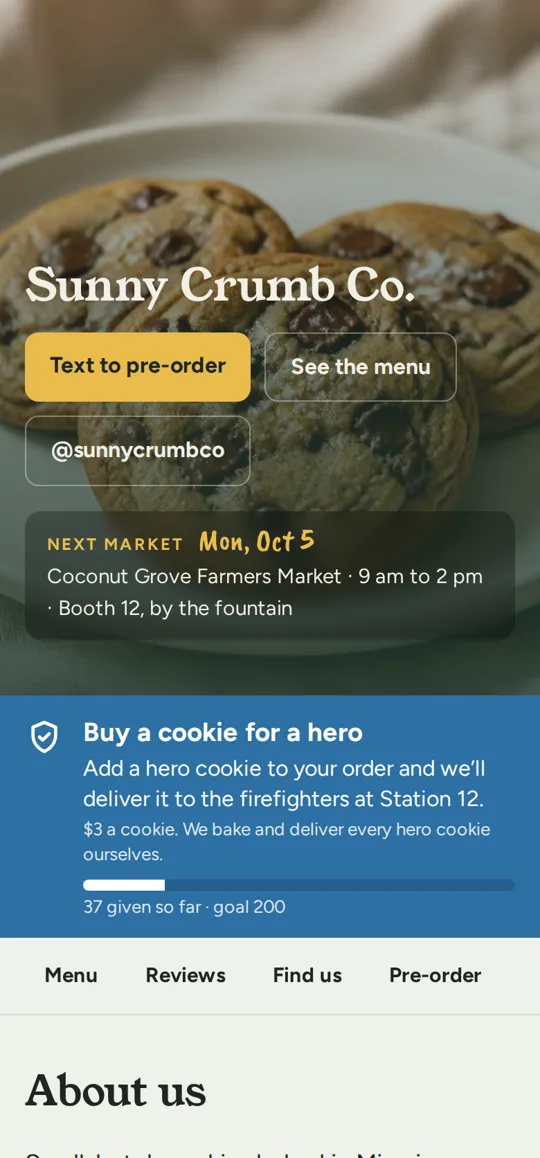 The same site on a phone: the cookie photo header, the next market with booth number, and a Buy a cookie for a hero banner